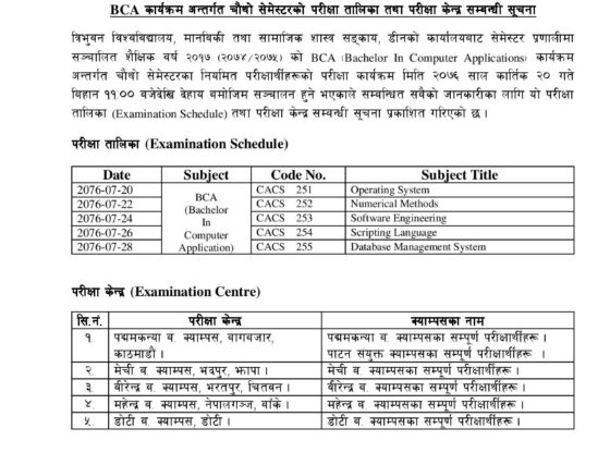 BCA 4th semester exam routine and centers